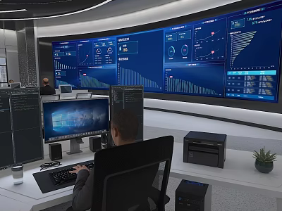 Modern Office Workstation With Computer And Large Blue Data Screens Showing Charts And Analytics 3d model
