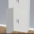 White Bookcase With Double Section Lockable Doors Against Gray Wall And Wooden Floor