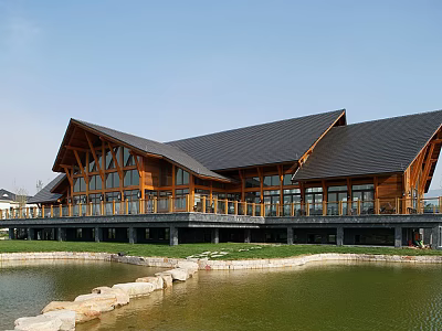 Scenic Wooden Building With Gabled Black Roof Large Windows By Pond And Deck 3d model