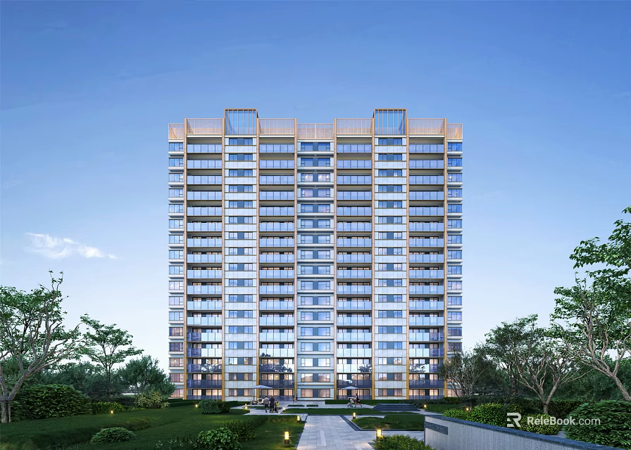 Modern High Rise Residential Building With Greenery Trees And Pathway Under Clear Blue Sky 3d model 