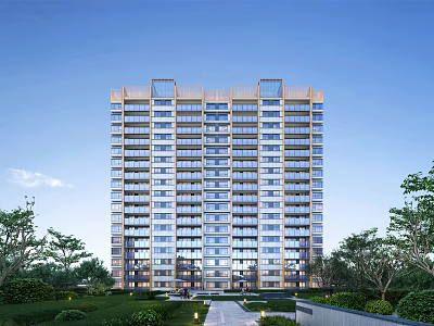 Modern High Rise Residential Building With Greenery Trees And Pathway Under Clear Blue Sky 3d model