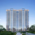Modern High Rise Residential Building With Greenery Trees And Pathway Under Clear Blue Sky