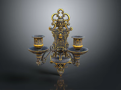 Antique Wall Sconce With Intricate Gold Black Decor And Candle Holders 3d model