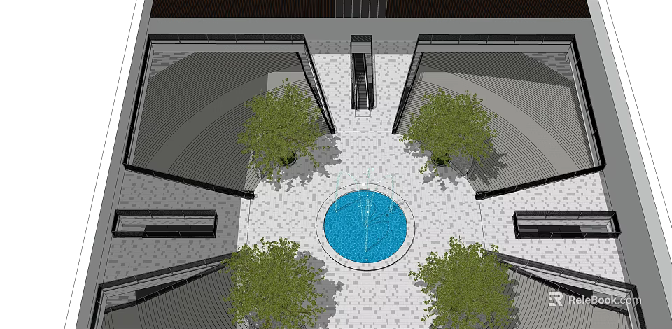 Modern Architectural Courtyard With Circular Blue Pool Green Trees And Paved Ground 3d model
