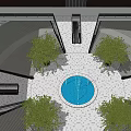 Modern Architectural Courtyard With Circular Blue Pool Green Trees And Paved Ground 3d model