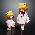 Two Big and Small Anime Characters Wearing Nurse Uniforms with Yellow Hair and Checkered Dresses