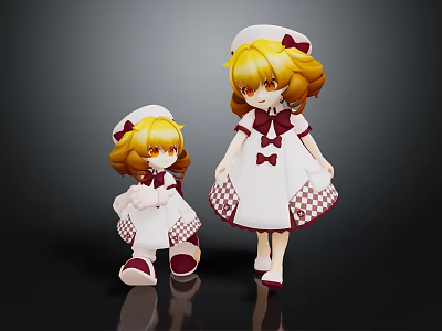 Two Big and Small Anime Characters Wearing Nurse Uniforms with Yellow Hair and Checkered Dresses 3d model