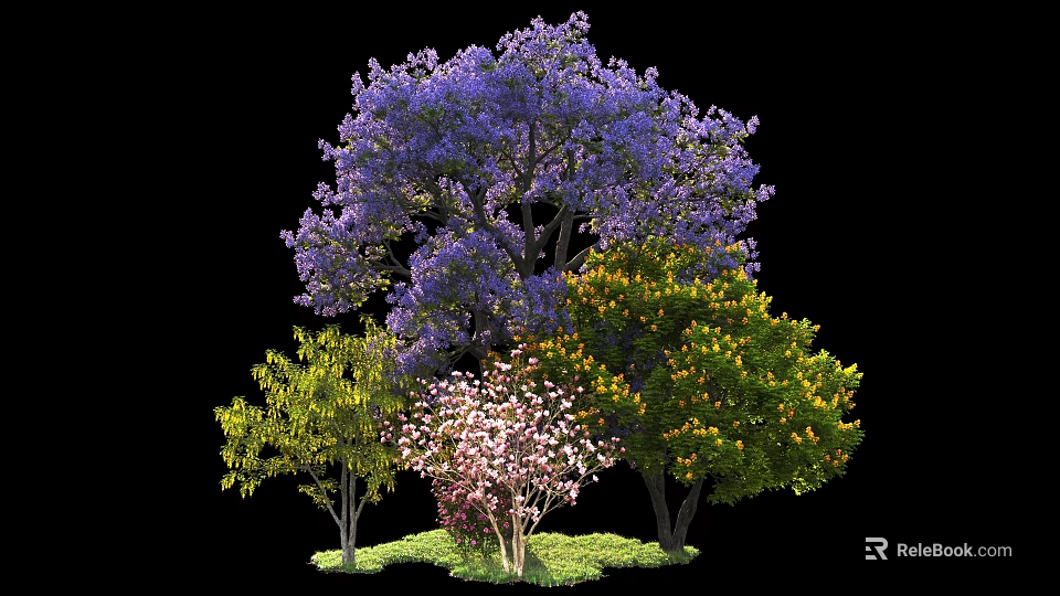 Colorful Flowering Trees With Purple Pink And Yellow Blooms And Green Foliage 3d model 