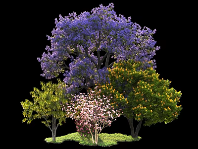 Colorful Flowering Trees With Purple Pink And Yellow Blooms And Green Foliage 3d model