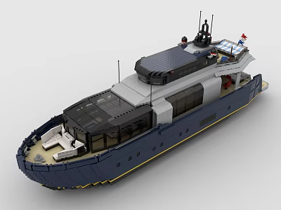 Detailed Building Blocks Yacht Model With Blue Hull Upper Deck And Window Details 3d model