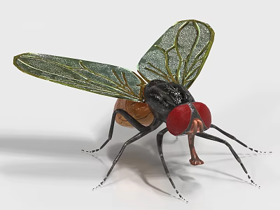 Flying Insect with Veined Green Wings Red Eyes and Black Orange Body Closeup Detailed View 3d model