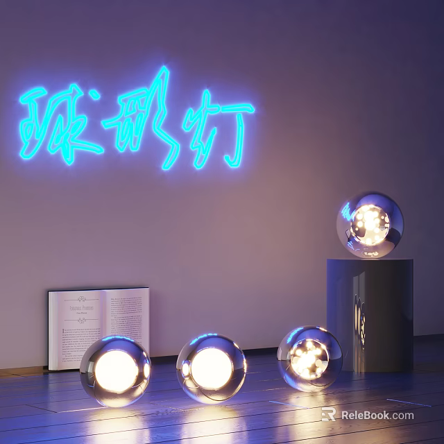 Spherical Glass Decorative Lights With Blue Neon Effect On Pedestals And Open Book Nearby 3d model 