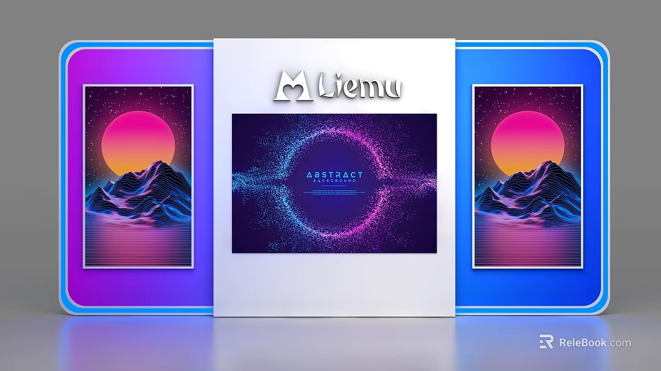 Modern Display Shelf With Digital Screen And Decorative Artworks Under Neon Lighting 3d model 