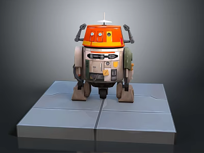 Orange Top White Body Robot Character With Antenna Mechanical Arms And Legs On Gray Platform 3d model