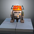 Orange Top White Body Robot Character With Antenna Mechanical Arms And Legs On Gray Platform