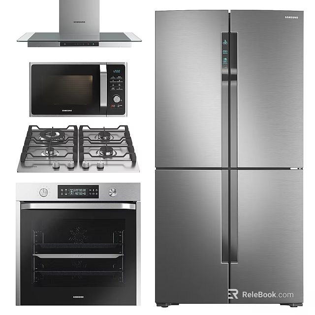 Modern Stainless Steel Kitchen Appliances Including Microwave Gas Stove Oven And Refrigerator 3d model 