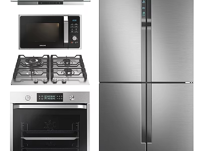 Modern Stainless Steel Kitchen Appliances Including Microwave Gas Stove Oven And Refrigerator 3d model