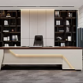 Modern Office Desk With Executive Chair And Bookshelves Filled With Books And Decorative Items