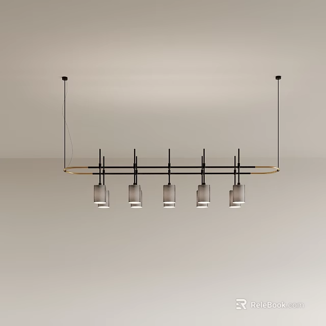 Modern Linear Chandelier With Black Metal Frame And Five Glass Shades 3d model 