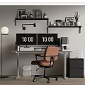 Modern Office Desk With Orange Chair Black Digital Displays Wall Shelves And Floor Lamp