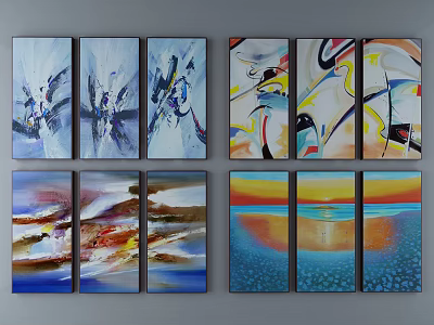 Multiple Abstract Paintings With Vibrant Colors Dynamic Lines And Modern Canvas Art 3d model