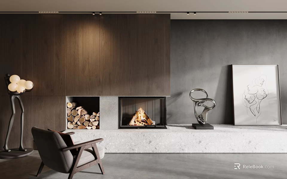 Modern Living Room With Fireplace And Firewood Storage 3d model 