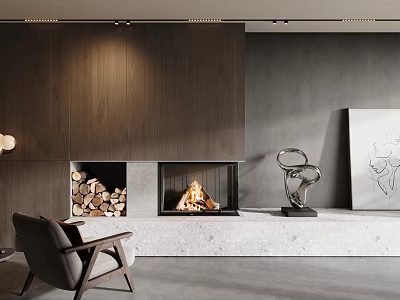 Modern Living Room With Fireplace And Firewood Storage 3d model