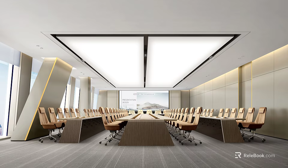 Modern Conference Room Interior With Long Table Comfortable Office Chairs Projection Screen And Modern Lighting 3d model 
