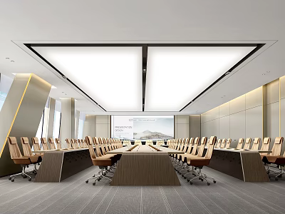 Modern Conference Room Interior With Long Table Comfortable Office Chairs Projection Screen And Modern Lighting 3d model