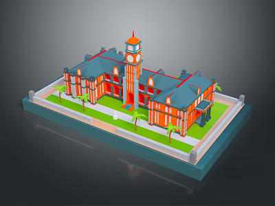 Vibrant Architectural Building Featuring Clock Tower Orange Red Facade Blue Roof Lawn And Palm Trees 3d model