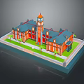Vibrant Architectural Building Featuring Clock Tower Orange Red Facade Blue Roof Lawn And Palm Trees