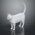 Low Poly White Cat Standing On Reflective Surface With Yellow Eyes Pink Ears Curled Tail
