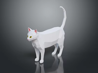 Low Poly White Cat Standing On Reflective Surface With Yellow Eyes Pink Ears Curled Tail 3d model
