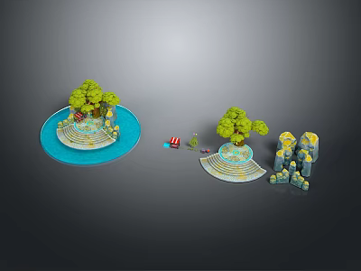 Miniature Island Landscape Model With Green Trees Yellow Rocks Small Boat And Blue Water 3d model