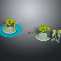 Miniature Island Landscape Model With Green Trees Yellow Rocks Small Boat And Blue Water