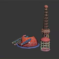 Layered Tower With Red Spherical Top And Dome Building With Blue Base White Spiral Decorations