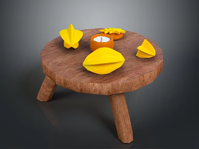Wooden Round Table With Bright Yellow Origami Shapes And Small Decorative Candle 3d model