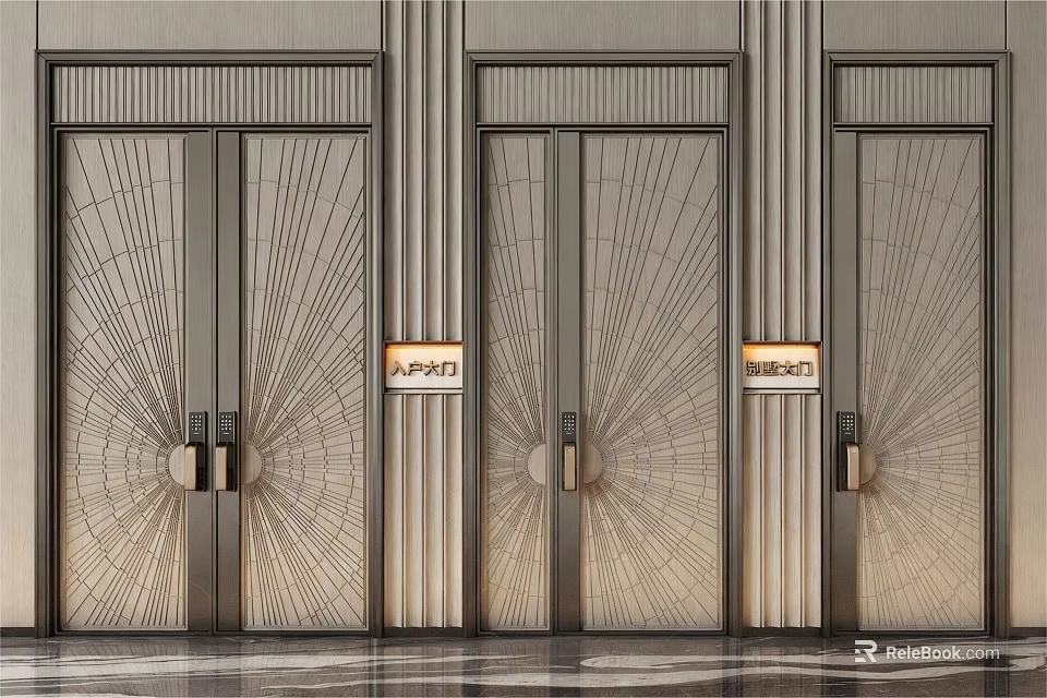 Elegant Modern Metallic Entrance Doors With Radial Patterns And Door Signs 3d model 