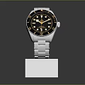 Elegant Wrist Watch With Silver Metal Bracelet Black Dial And Gold Hands On White Stand