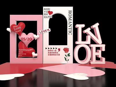 Romantic Love Themed Photo Spot With Pink Frames Hearts And Rose Decorations 3d model