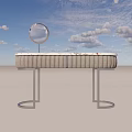Modern Dressing Table with White Brown Vein Marble Top Gray Upholstered Design and Round Mirror