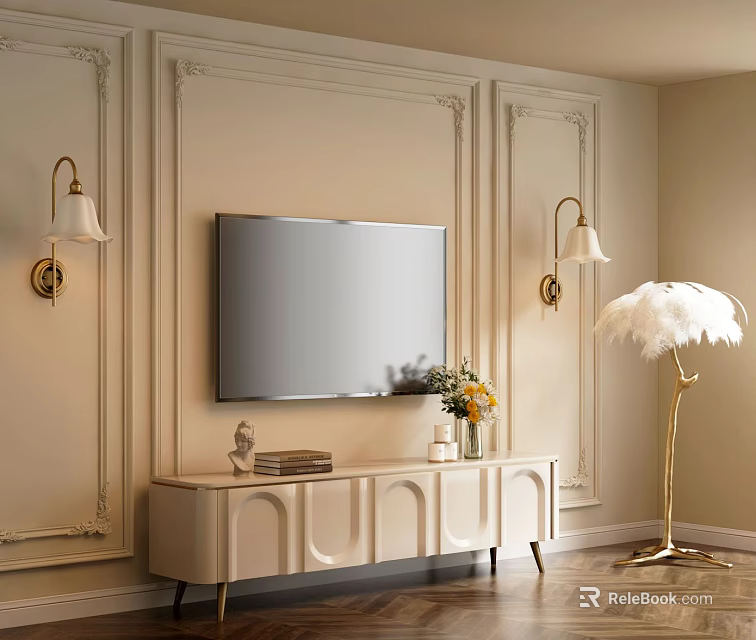 Elegant TV Stand with Paneled Walls Wall Sconces and Floor Lamp 3d model 