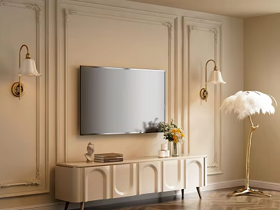 Elegant TV Stand with Paneled Walls Wall Sconces and Floor Lamp 3d model