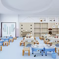 Spacious School Classroom Interior Featuring Organized Desks Chairs And Bookshelves Layout 3d model