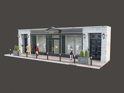 Modern Clothing Store Exterior With Glass Windows Mannequins And Pedestrians 3d model