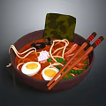 Delicious Ramen Bowl With Soft Boiled Eggs Nori Noodles And Chopsticks