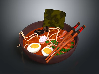 Delicious Ramen Bowl With Soft Boiled Eggs Nori Noodles And Chopsticks 3d model
