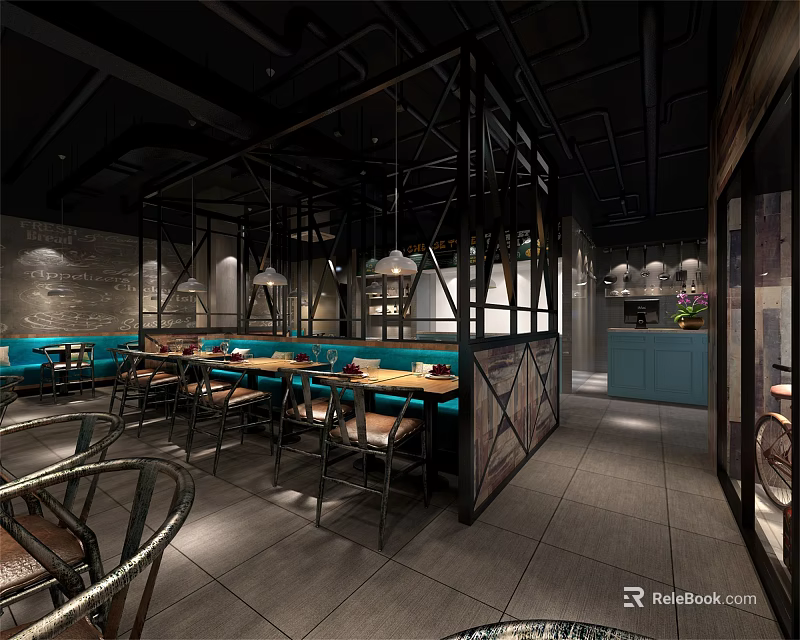 Industrial Style Restaurant Interior With Blue Booths Metal Frame Partitions And Pendant Lights 3d model 