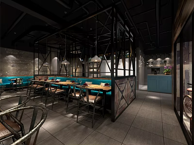 Industrial Style Restaurant Interior With Blue Booths Metal Frame Partitions And Pendant Lights 3d model