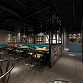 Industrial Style Restaurant Interior With Blue Booths Metal Frame Partitions And Pendant Lights